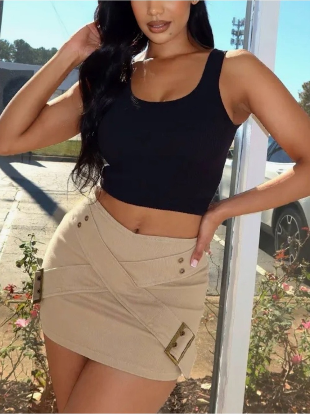 Beige Mini Skirt with Buckle Detail - Women Skirts